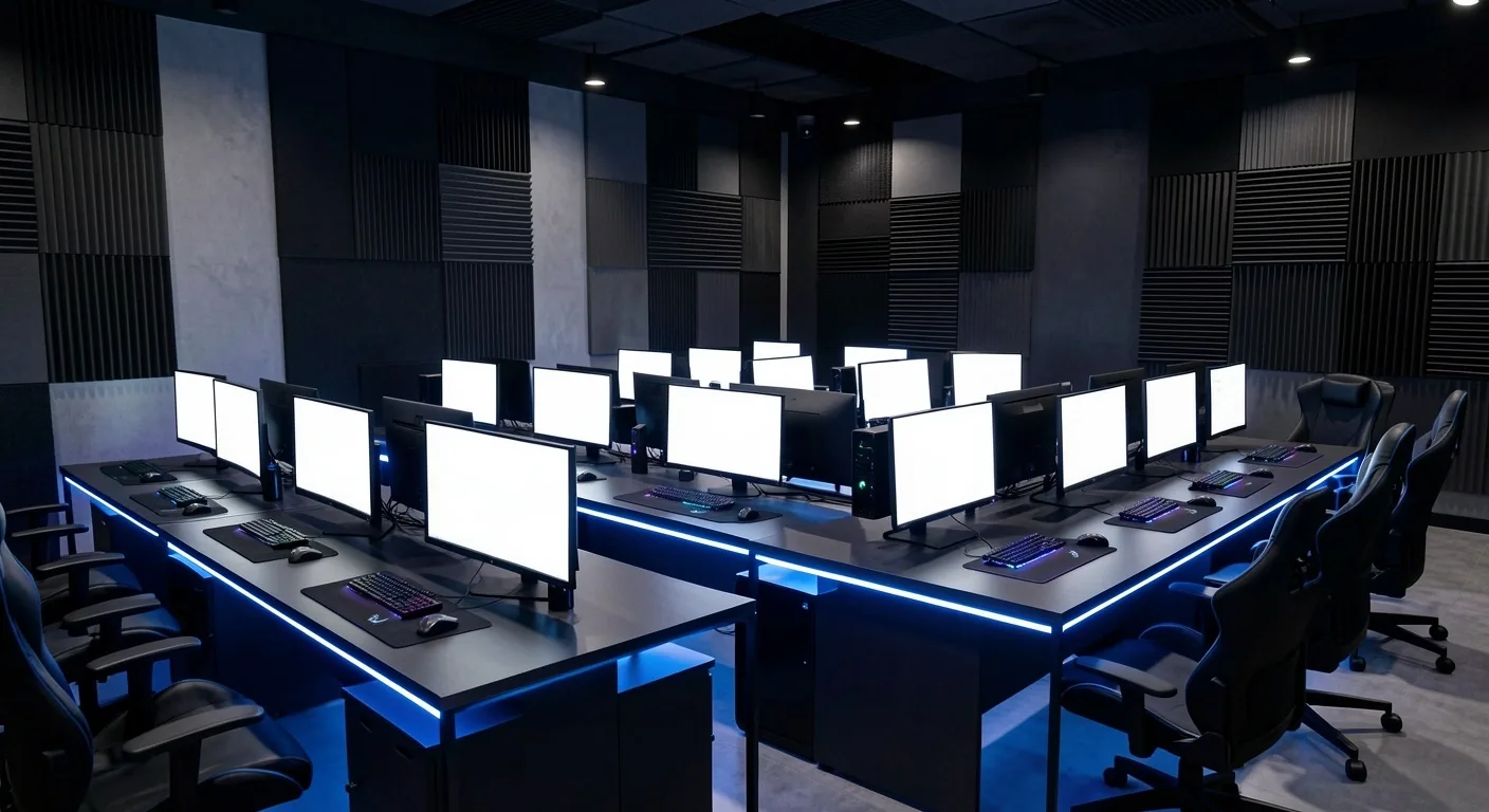 Interior del club de computación con estaciones de alto rendimiento iluminadas
