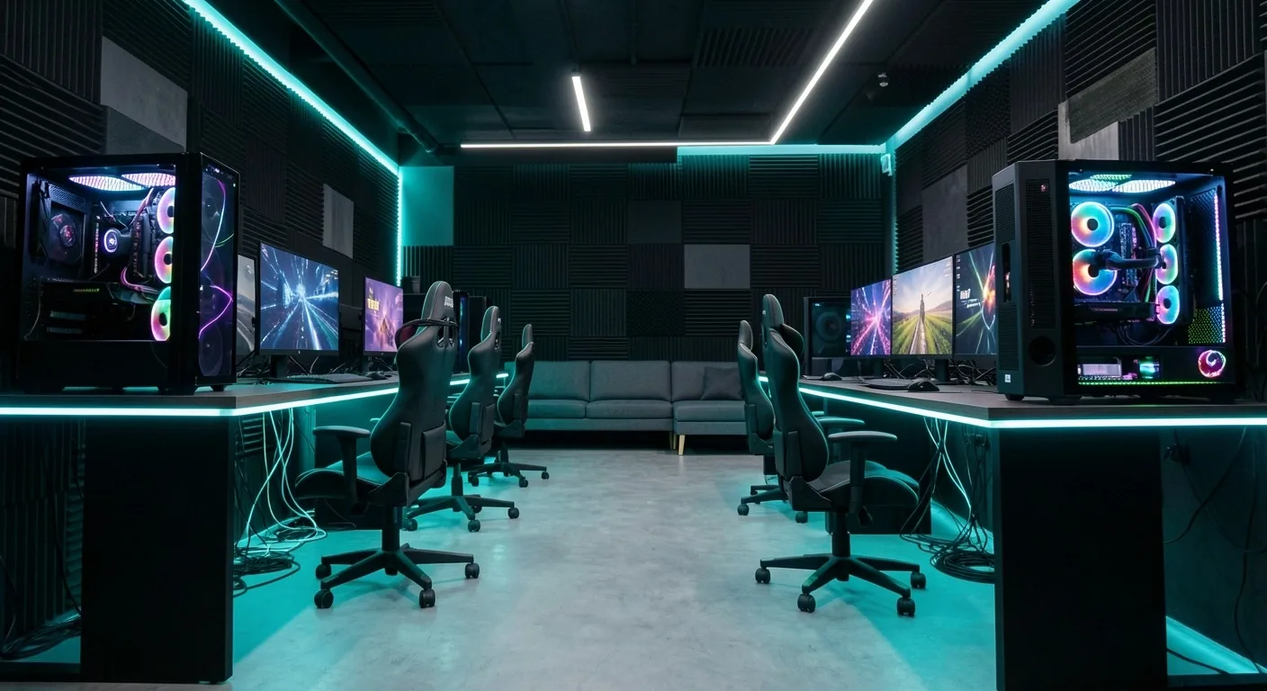 Interior del club Xalmera con estaciones de trabajo iluminadas