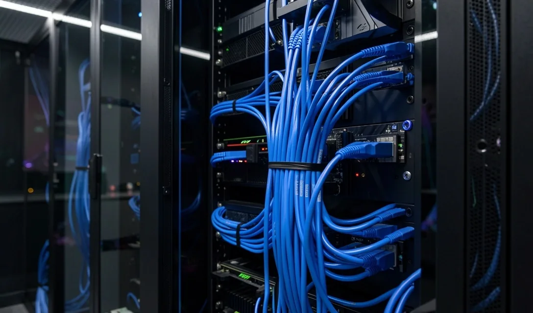 Cables de fibra óptica en el centro de datos de Xalmera