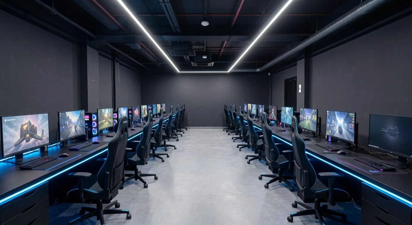 Interior del club de computación Xalmera en Cartagena con estaciones de alto rendimiento