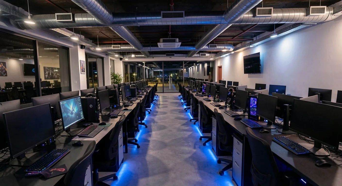 Interior del club de computación Xalmera con estaciones de trabajo profesionales